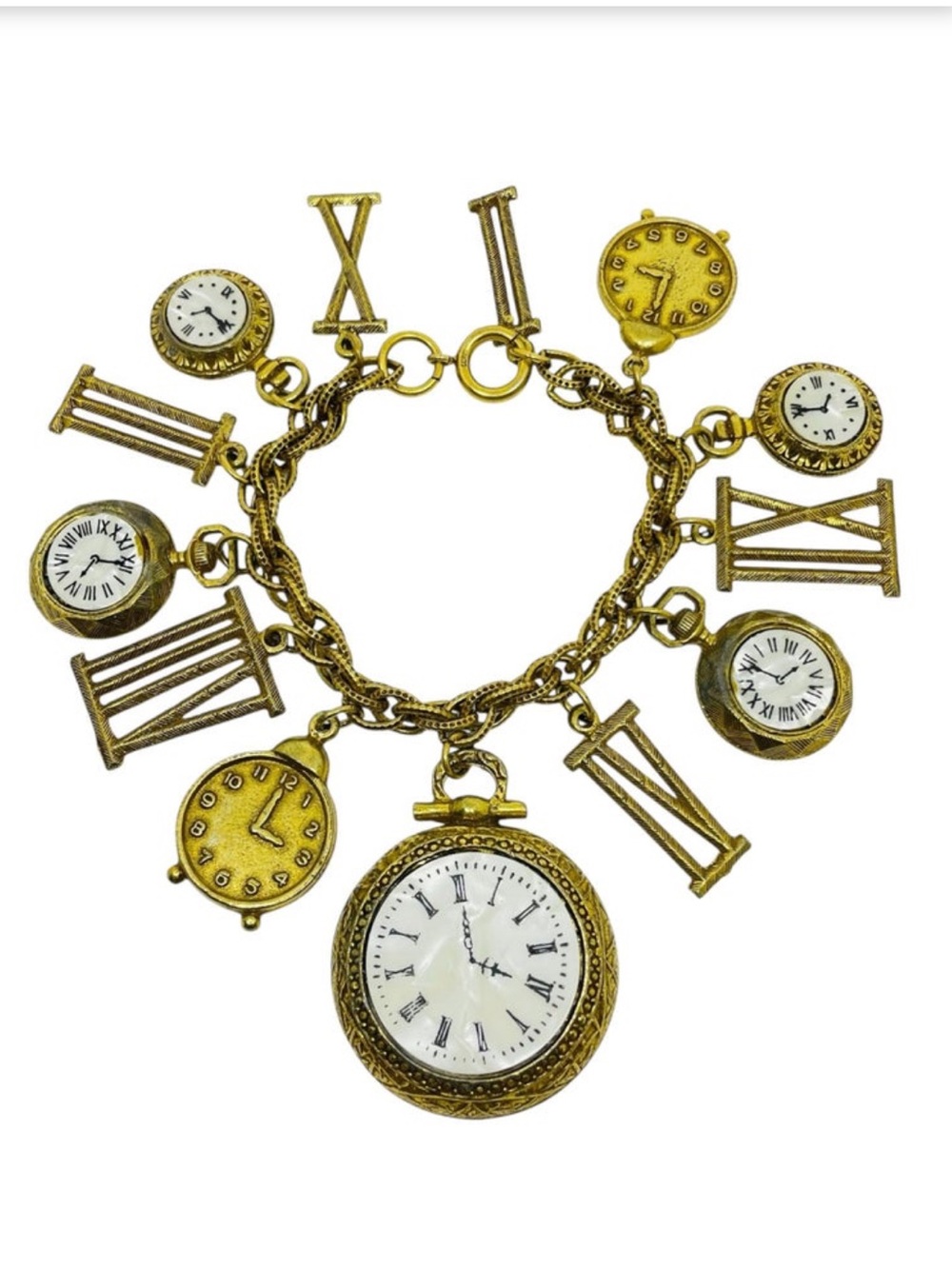 Vintage Signed ART Arthur Pepper Timepiece Clock Charm Bracelet Roman Numerals